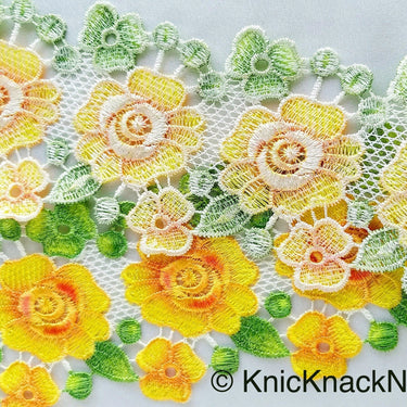 Yellow / Pink, Green and White Embroidered Flower Lace Trim, Approx 80mm wide